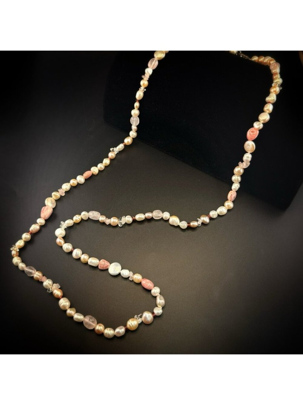 Honora Pearl Necklace Pink Rose Quartz Long 38" Sterling 925 Flapper Opera White